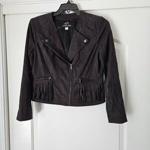 Seth Aaron Faux Suede Jacket Women 8 Black Fringe Pockets Boho Chic Western Moto